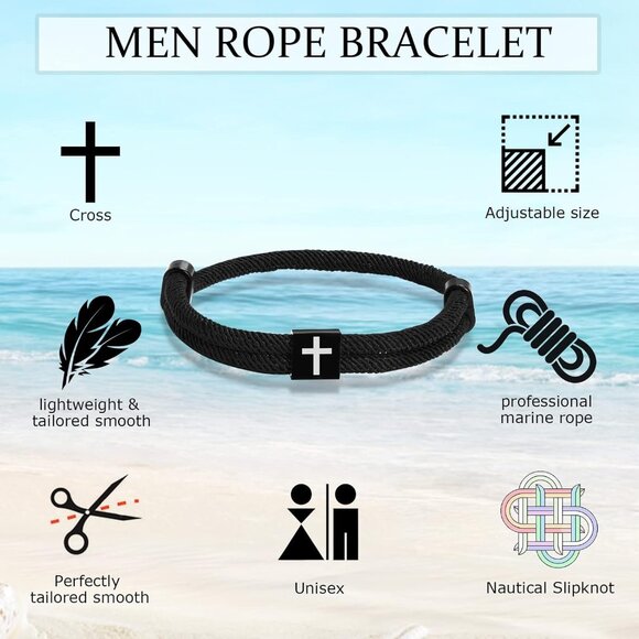 Men Rope Bracelets Nautical Cross Handmade Adjustable Nylon Jewelry - Picture 5 of 6